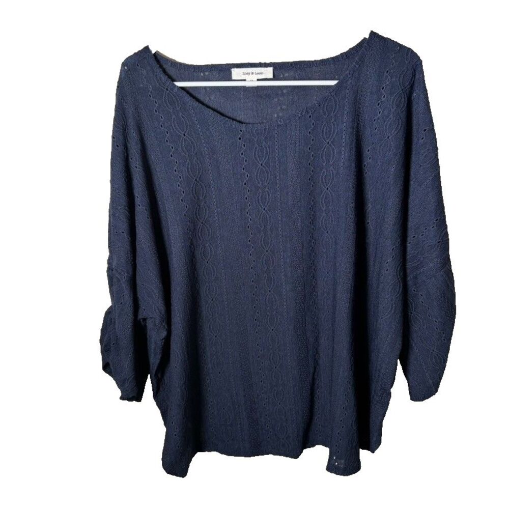 Zoey & Leelo Blouse Women's 2X Navy Blue Eyelet 3/4 Sleeve Round Neck Shirt